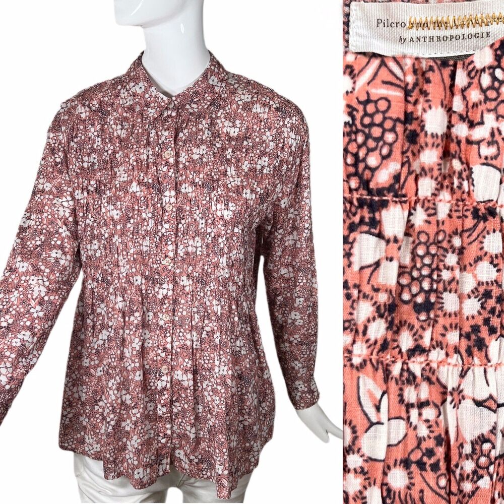 Anthropologie Small Pilcro & the Letterpress Smocked Boyfriend Button up Blouse